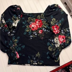 LOFT Black Floral Blouse with Red and Green Accents